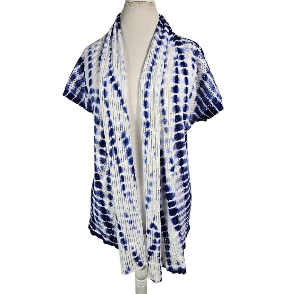 Ruby Rd. Navy & White Tie-Dye Open Front Cardigan Size L